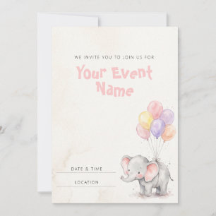Invitation Élément en aquarelle d'éléphant bébé ballon pastel