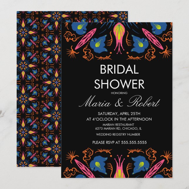 Invitation Élément Floral d'Éléphant Indien Noir Mariage (Devant / Derrière)