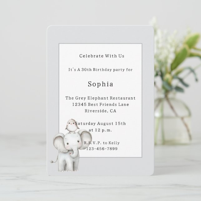 Invitation Élément gris éléphant et oiseau d'anniversaire (Debout devant)