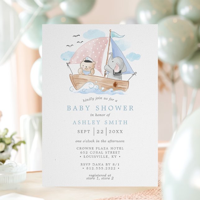 Invitation Élément Marin Éléphant Ours Aquarelle Bateau Baby  (Créateur téléchargé)