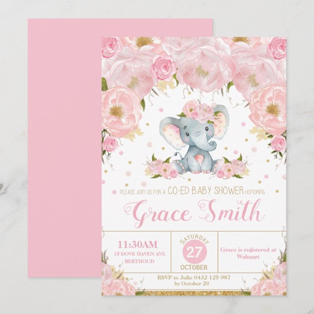 Invitation Élément Rose Floral Fille Baby Shower Co-Ed (Devant / Derrière)