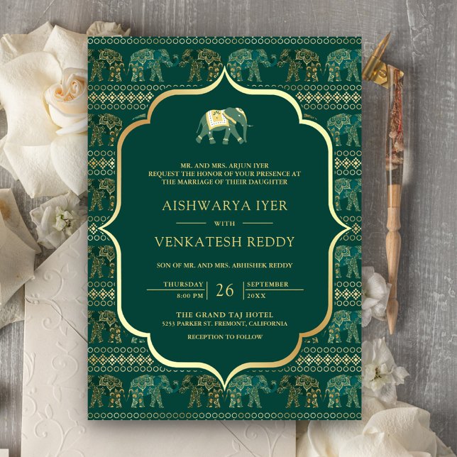Invitation Élément Vert Émeraude Tout en Un Mariage Indien (Créateur téléchargé)