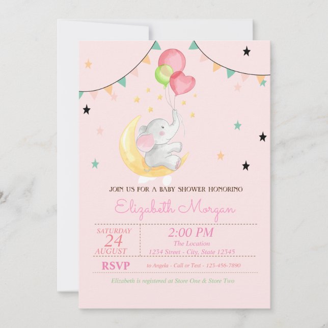 Invitation Élémentaire, Ballons, Lune, Fête de Bébé Étoiles (Devant)