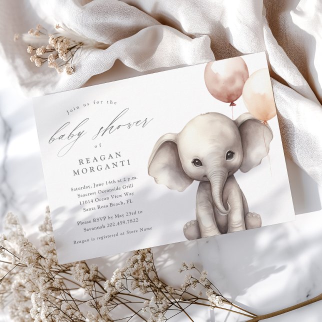 Invitation Élémentaire Éléphant avec Ballons Fête de Naissanc (Simple Gender Neutral Elephant Baby Shower Invitations.)