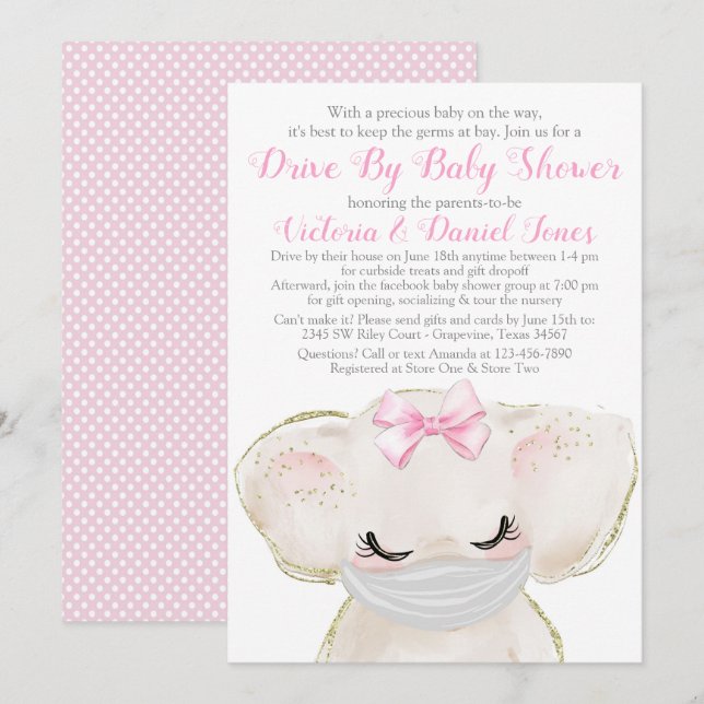 Invitation Élémentaire éléphant avec masque Baby Shower en vo (Devant / Derrière)
