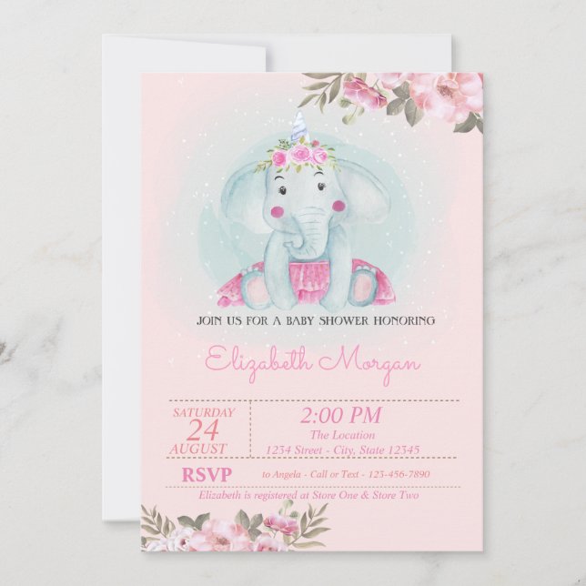 Invitation Élémentaire éléphant, Couronne florale Baby Shower (Devant)