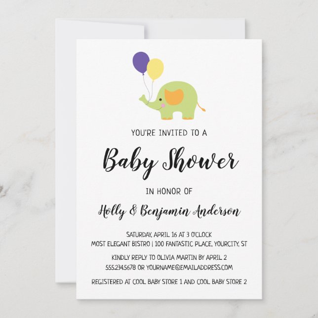 Invitation Élémentaire éléphant de Baby Shower avec Ballons (Devant)
