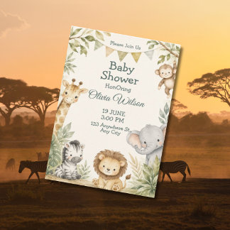 Invitation Élémentaire Girafe Lion Zèbre Neutre Baby Shower