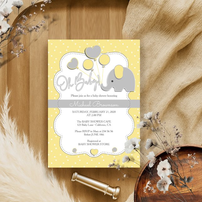 Invitation Élémentaire Gris Éléphant Oh Baby Shower (Créateur téléchargé)