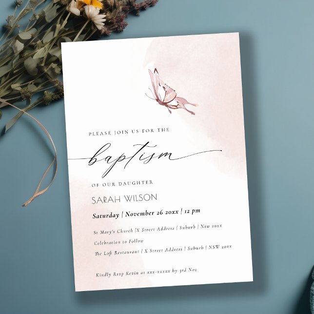 Invitation Elenant Blush Watercolor Baptême papillon (Créateur téléchargé)
