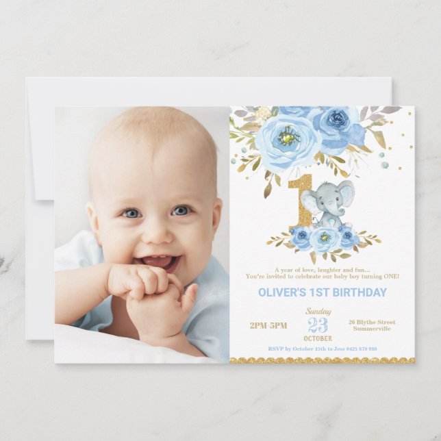 Invitation Elephant 1er anniversaire Blue Floral Boy Photo (Devant)