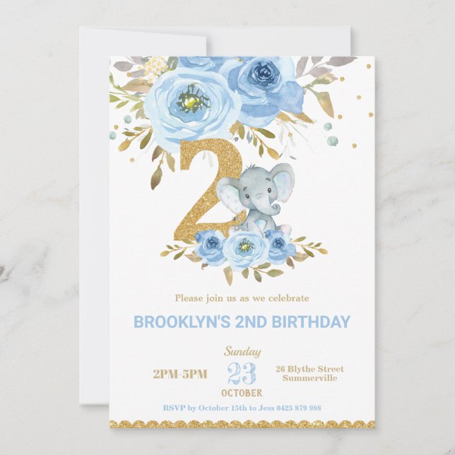 Invitation Eléphant 2e anniversaire Floral bleu Fleurs deux (Devant)