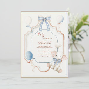 Invitation Éléphant à ballons de cadre bleu vintage bébé