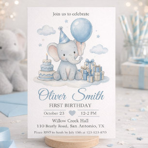 Invitation Éléphant à l'aquarelle bébé bleu premier anniversa