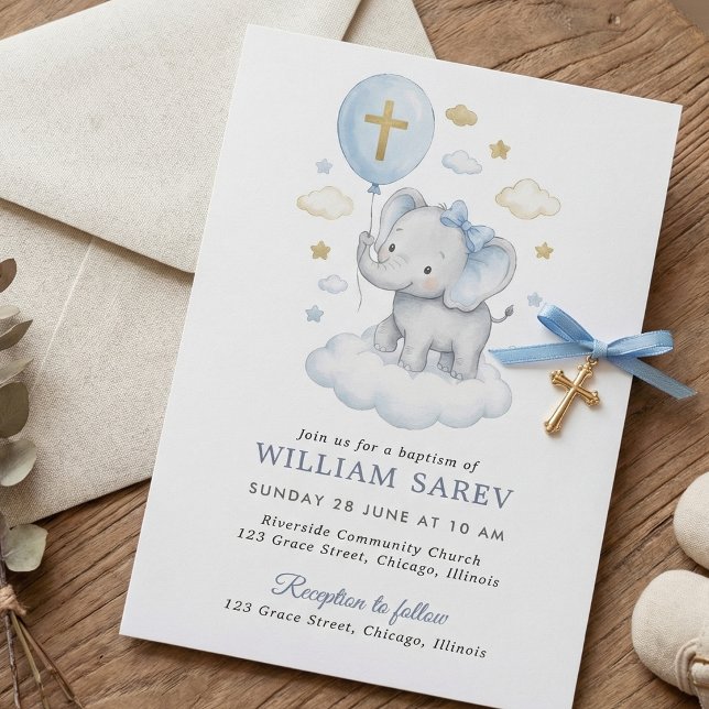Invitation Éléphant à l'aquarelle bleue Baptême Croix et Nuag (Blue Elephant Baptism Invitation for Boy with Cross and Clouds)
