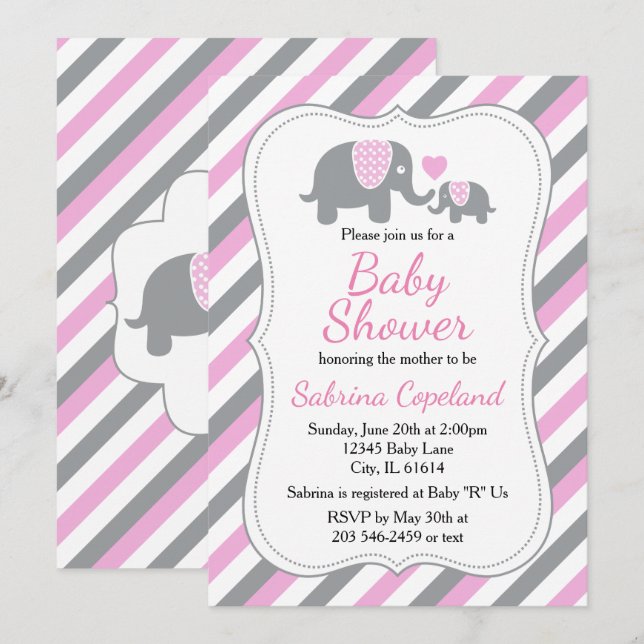 Invitation Eléphant à rayures rose et gris | BABY SHOWER (Devant / Derrière)