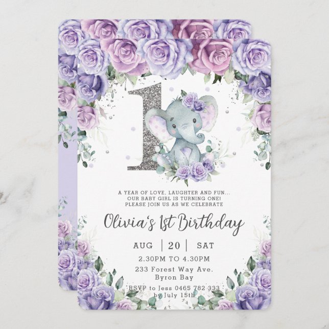 Invitation Eléphant adorable à fleurs mauve 1er anniversaire (Devant / Derrière)