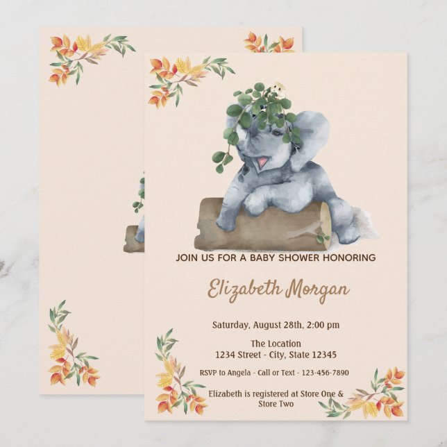 Invitation Éléphant Adorable, Fête de Bébé (Devant / Derrière)