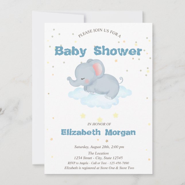 Invitation Éléphant adorable, Nuages, Étoiles Shower pour béb (Devant)