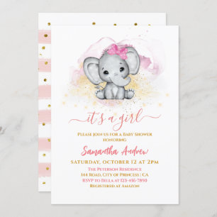 Invitation Eléphant adorable Rose or bébé fille douche