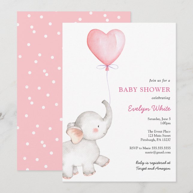 Invitation Elephant avec Baby shower à ballon rose (Devant / Derrière)