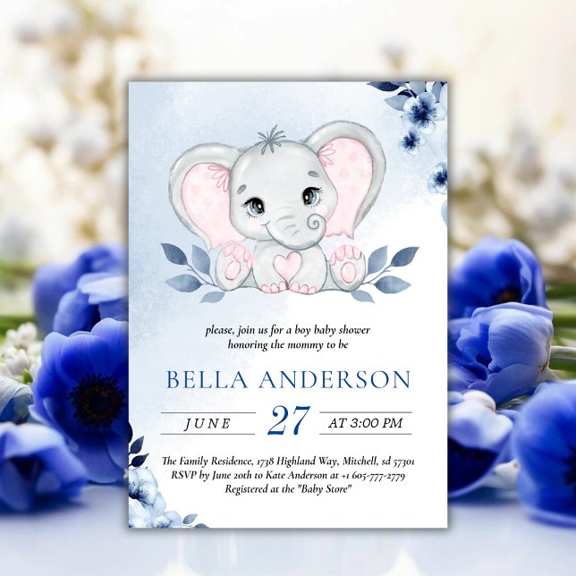 Invitation Eléphant avec Baby shower d'aquarelle bleu Anémone (Elephant With Blue Anemones Watercolor Baby Shower Invitation)