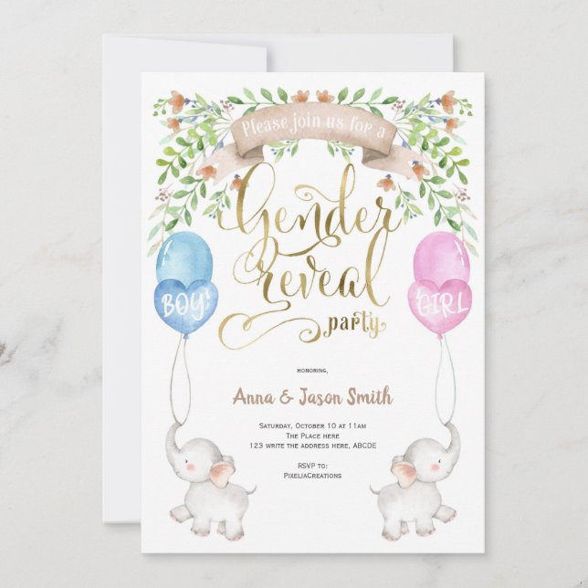 Invitation Elephant avec ballons, Sexe Reveal Party (Devant)