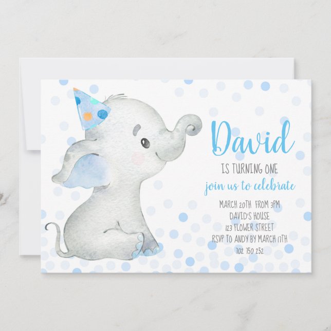 Invitation Elephant Baby Boy Blue Confetti Safari Jungle (Devant)