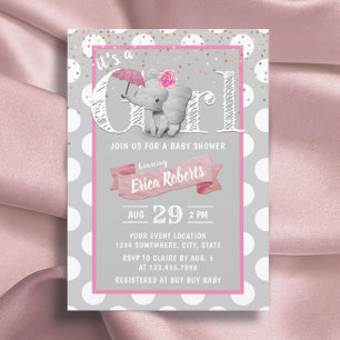 Invitation Elephant Baby Girl Cute Polka Dot Grey Baby shower