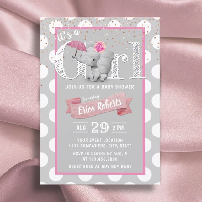 Invitation Elephant Baby Girl Cute Polka Dot Grey Baby shower (Créateur téléchargé)