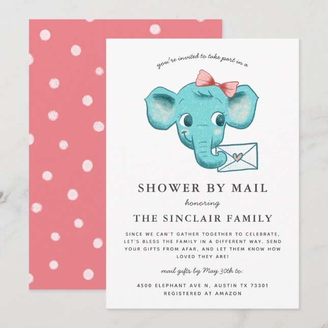 Invitation Eléphant Baby Girl Douche Par Courrier (Devant / Derrière)