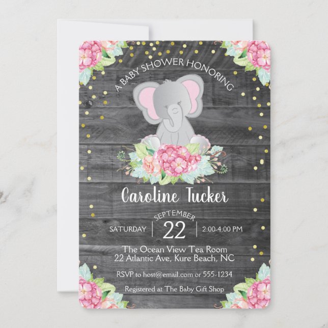 Invitation Eléphant Baby Girl Douche Rustique Florals (Devant)