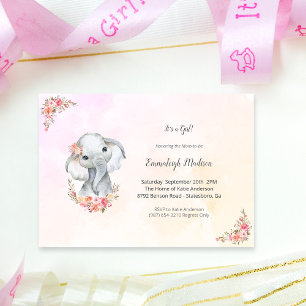 Invitation Elephant Baby shower Boho Chic Coral Aquarelle