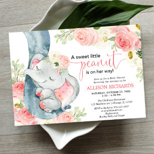 Invitation Elephant baby shower fille crème rose florale