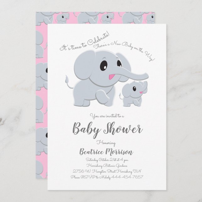 Invitation Eléphant Baby shower fille rose (Devant / Derrière)