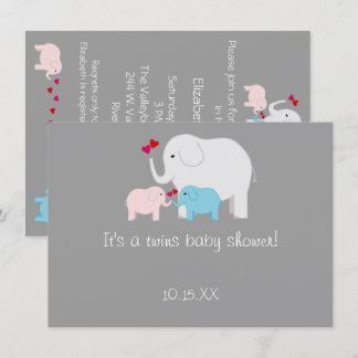 Invitation Elephant Baby shower jumeaux garçon fille