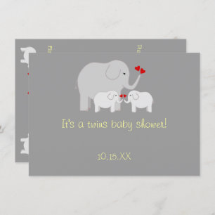 Invitation Eléphant Baby shower jumeaux Genre Neutre