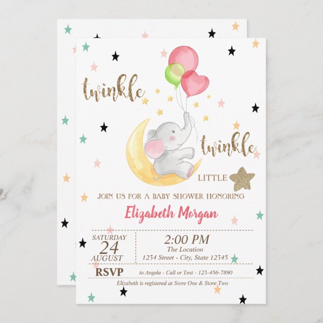 Invitation Eléphant, Ballons, Baby shower Twinkle Little Star (Devant / Derrière)