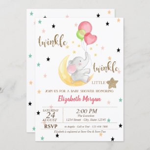 Invitation Eléphant, Ballons, Baby shower Twinkle Little Star
