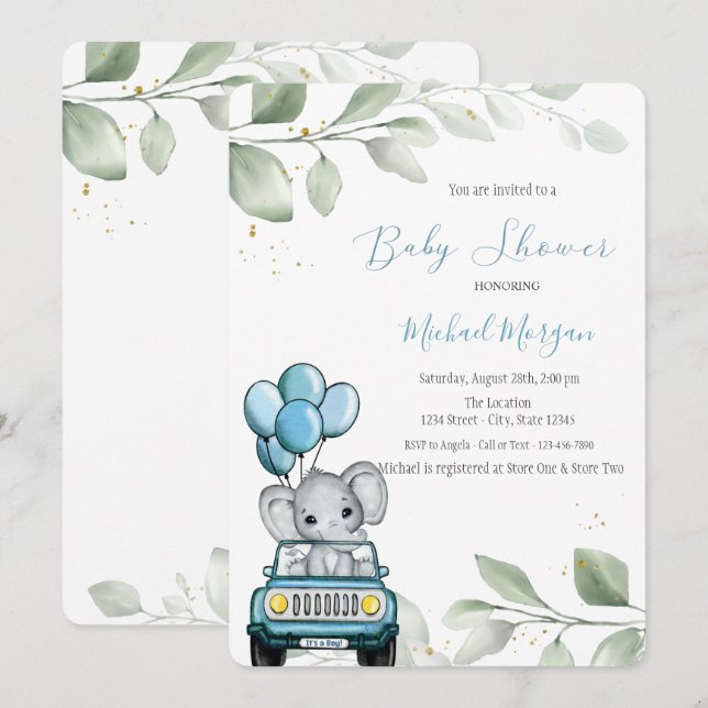 Invitation Eléphant Balloons Voiture Feuilles Baby shower (Devant / Derrière)