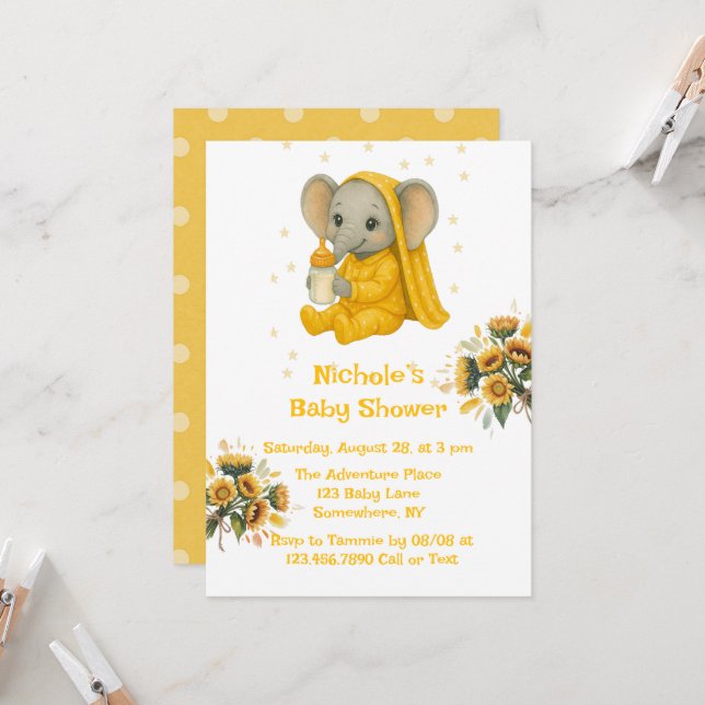 Invitation Elephant bébé dans le Baby shower de pyjama jaune (Devant/Arrière en situation)