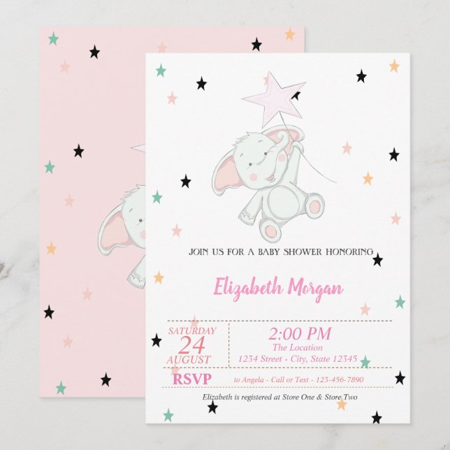 Invitation Éléphant Bébé, Étoiles Baby Shower (Devant / Derrière)