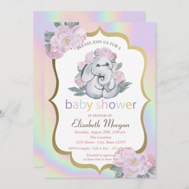 Invitation Eléphant bébé, Floral, Baby shower holographique (Devant / Derrière)