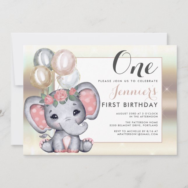 Invitation Éléphant Bébé Floral Mignon Avec Ballons (Devant)