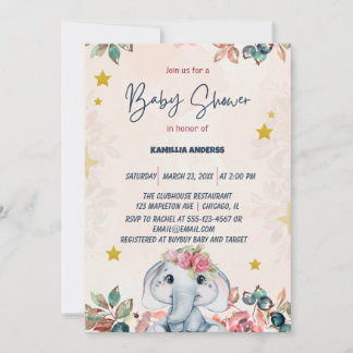 Invitation Éléphant bébé floral rose