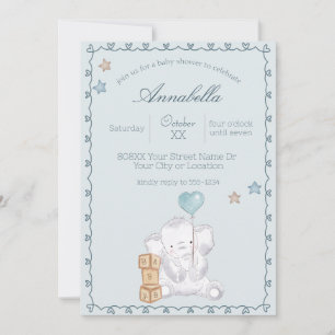 Invitation Éléphant Bébé Garçon Bleu et Aquarelle de Ballon