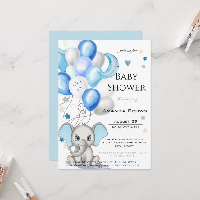 Invitation Eléphant bébé mignon avec ballons Baby shower garç (Devant/Arrière en situation)