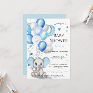Invitation Eléphant bébé mignon avec ballons Baby shower garç