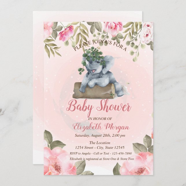 Invitation Eléphant Bébé mignon, Baby shower Floral (Devant / Derrière)