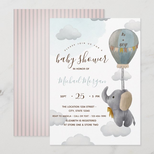 Invitation Éléphant Bébé Mignon Ballon Rayures Baby Shower (Devant / Derrière)